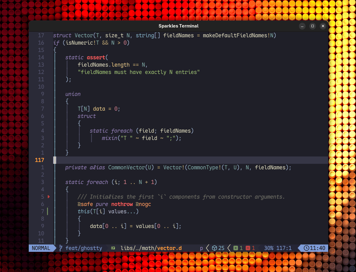 Sparkles Terminal running Neovim with D code, true-color syntax highlighting, and italic styled text